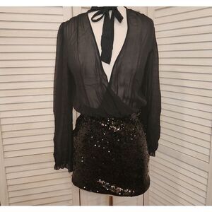 Marciano Black Sheer Dress with Sequin Skirt Size M